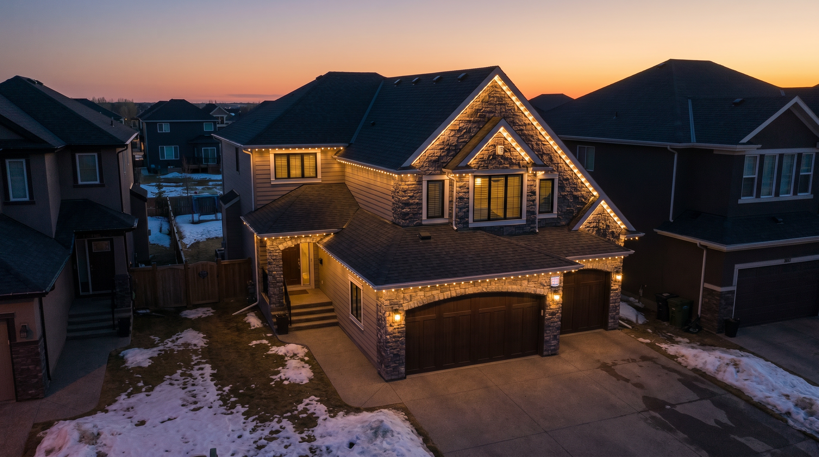 An Edmonton home at dusk lit with permanent warm-white LEDs along every roofline, neighbouring homes still dark.
